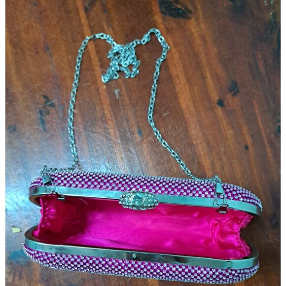 Wom Handbag Crystal Clutch Studded Pink Fuschia Purse Evening Holiday Bag - Picture 10 of 14